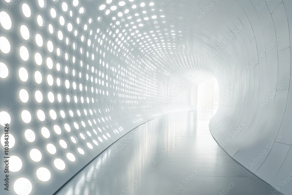 A futuristic tunnel illuminated by circular lights, creating a bright and modern atmosphere A futuristic tunnel illuminated by circular lights, creating a bright and modern atmosphere