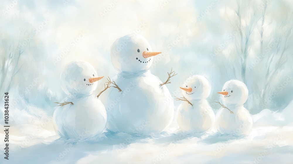A painting of four snowmen with one of them holding a carrot A painting of four snowmen with one of them holding a carrot