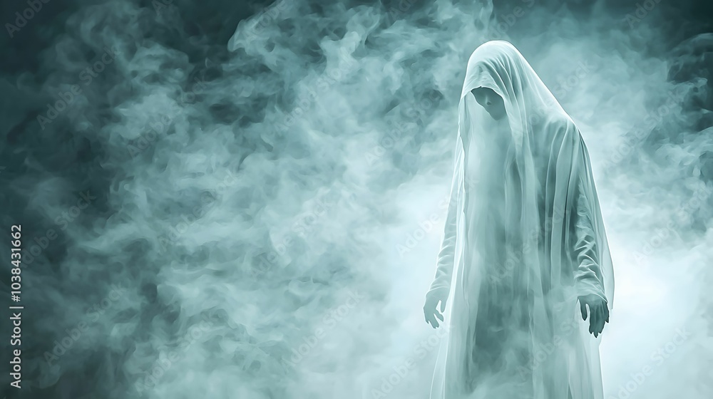 A spectral figure shrouded in mist, evoking a haunting and mysterious atmosphere. A spectral figure shrouded in mist, evoking a haunting and mysterious atmosphere.