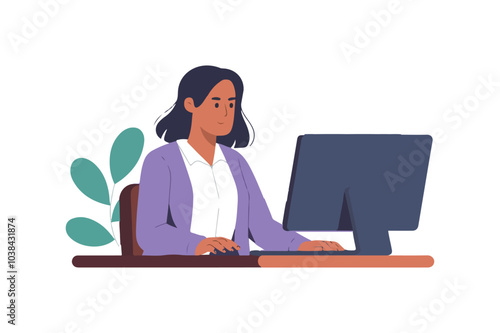 Woman with computer, studying or working concept, Vector illustration in flat style.