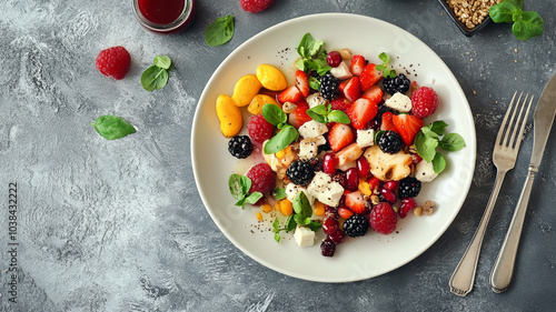 Fresh fruit salad with berries, mint, and nuts served on a white plate at a rustic table setting