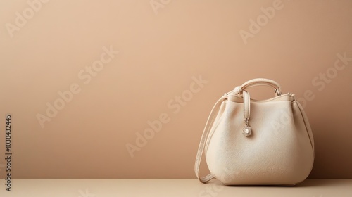 Stylish beige women's bag with charm standing on table