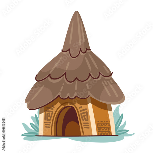 African cartoon village hut with straw roof and tribal geometric pattern. Funny small brown thatched house. Ethnic culture of Africa mascot, cartoon African clay native dwelling vector illustration