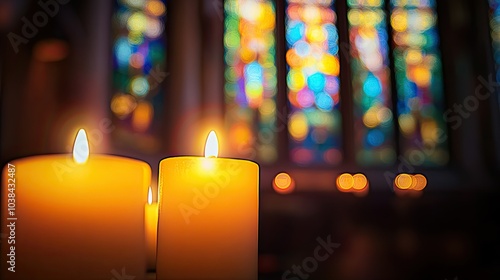 A row of lit candles in varying sizes is placed in front of a blurred background photo