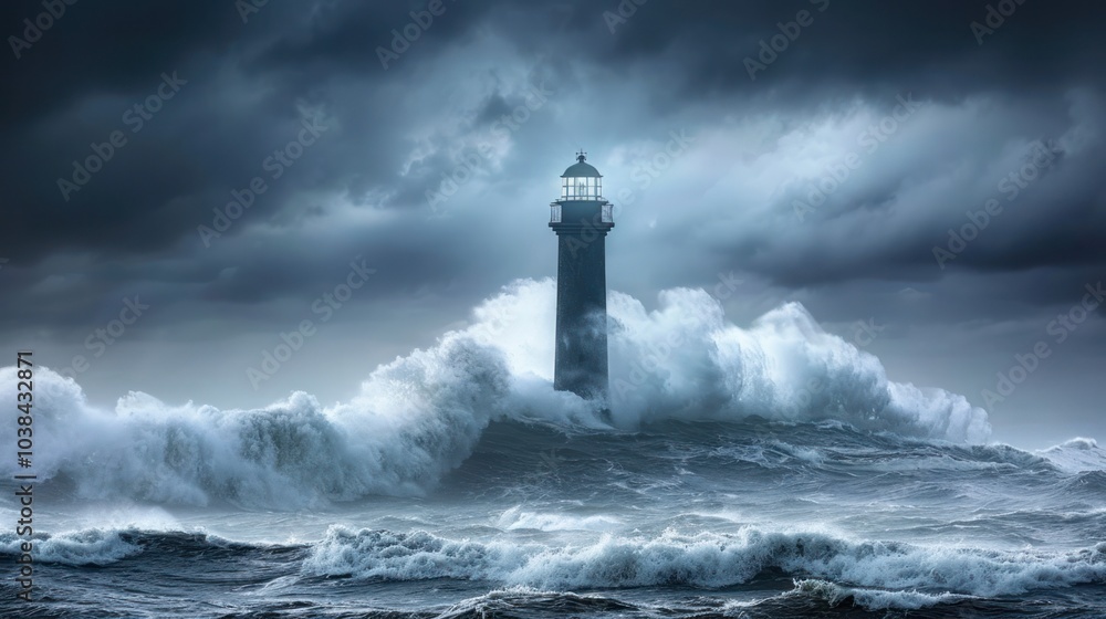 Lone lighthouse standing against a stormy sea, with dramatic lighting highlighting its resilience Lone lighthouse standing against a stormy sea, with dramatic lighting highlighting its resilience