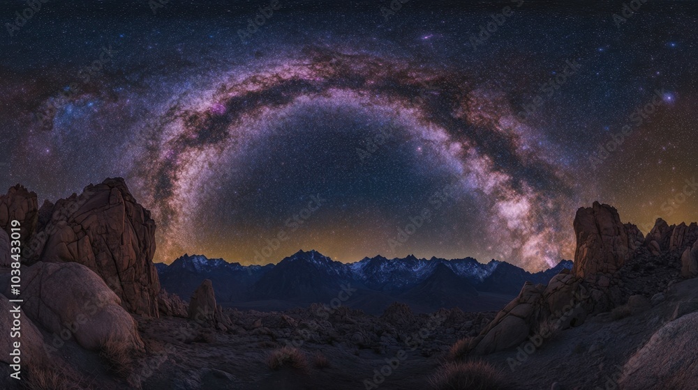 A stunning night sky filled with countless stars and the Milky Way galaxy, arched across a mountainous landscape. A stunning night sky filled with countless stars and the Milky Way galaxy, arched across a mountainous landscape.