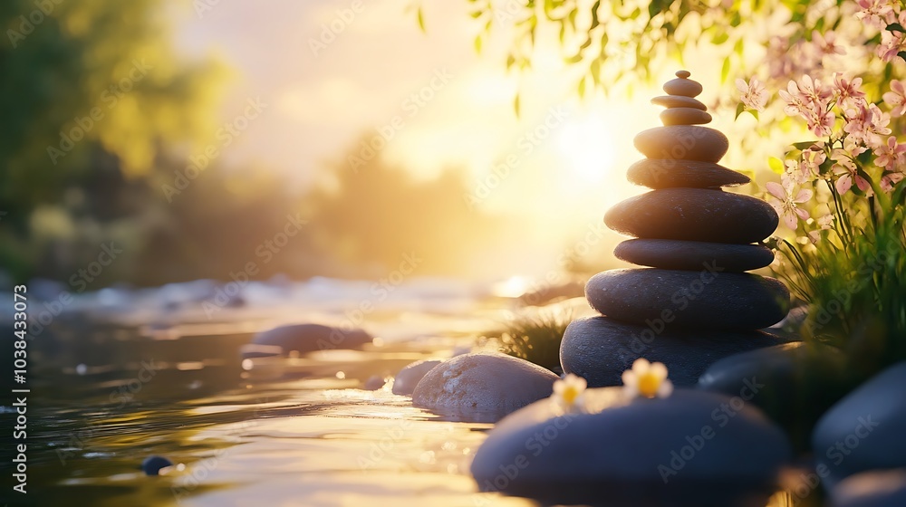 Obraz premium Stones stacked at the edge of a serene river, the soft sunlight creating a calming, zen-like atmosphere.