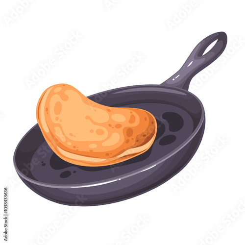Tossing pancake in cartoon frying pan. Yellow hotcake flying in air on black skillet, chefs movement. Dessert of American cuisine cooking mascot, cartoon pancake making in frypan vector illustration