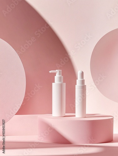 Elegant white skincare bottles against a soft pink background, showcasing modern beauty product design for promotional needs. photo