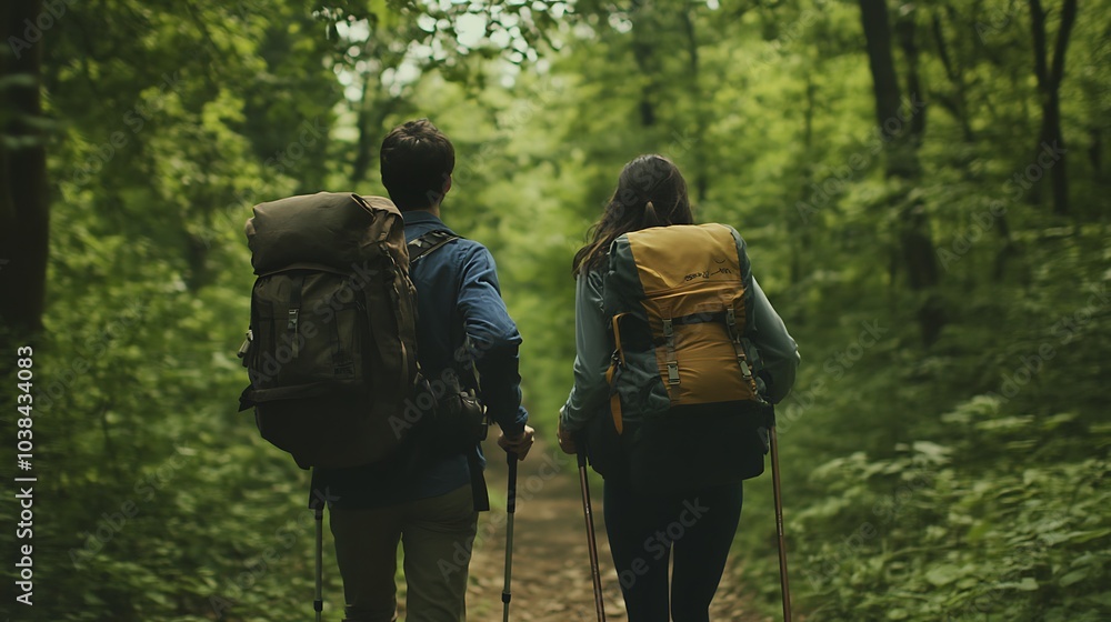 Naklejka premium Two friends trekking through a forest trail, their backpacks and walking sticks visible against a backdrop of towering trees and undergrowth.