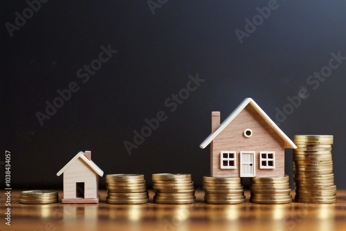 A house model with stacks of coins. Real estate, money management, and investment concepts.