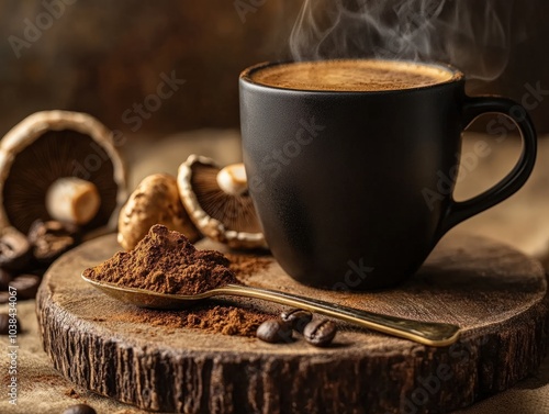 A minimalist setup of a steaming cup of coffee mixed with mushroom extract, with a spoonful of powdered mushrooms next to it, highlighting the earthy blend and health-focused ingredients