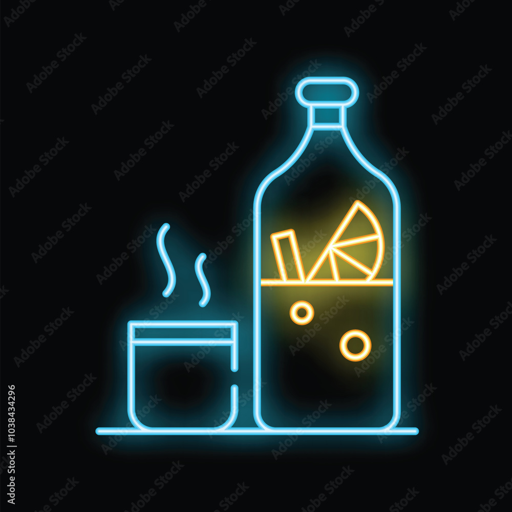 Neon sign is depicting a bottle with a hot beverage and a slice of citrus fruit, next to a steaming cup Neon sign is depicting a bottle with a hot beverage and a slice of citrus fruit, next to a steaming cup