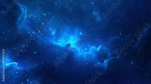 An evening sky with a rich blue tone, sprinkled with stars and the faint glow of the galaxy's core.