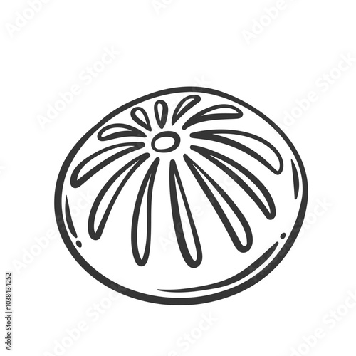 Steamed bao bun or dumpling line icon. Outline hand drawn steamed dough with filling of round shape, top view. Chinese cuisine, food snack mascot, Baozi, manti dumpling icon vector illustration