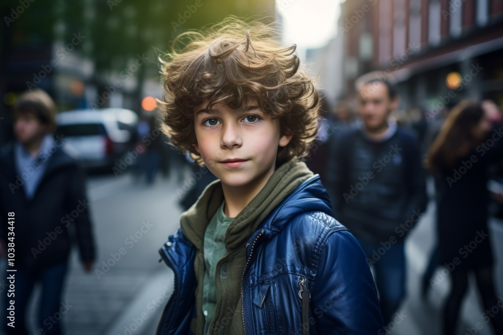 Portrait of a boy with curly hair in a city street. Portrait of a boy with curly hair in a city street.