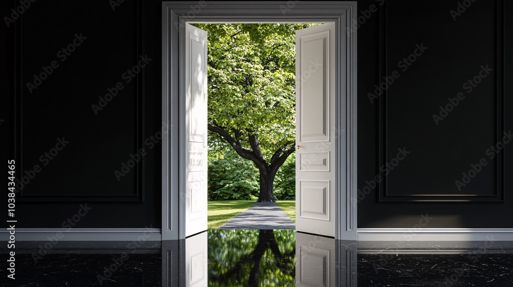 Fototapeta premium A stunning view through an open doorway revealing a vibrant tree in a lush green garden, contrasting against elegant dark interiors.