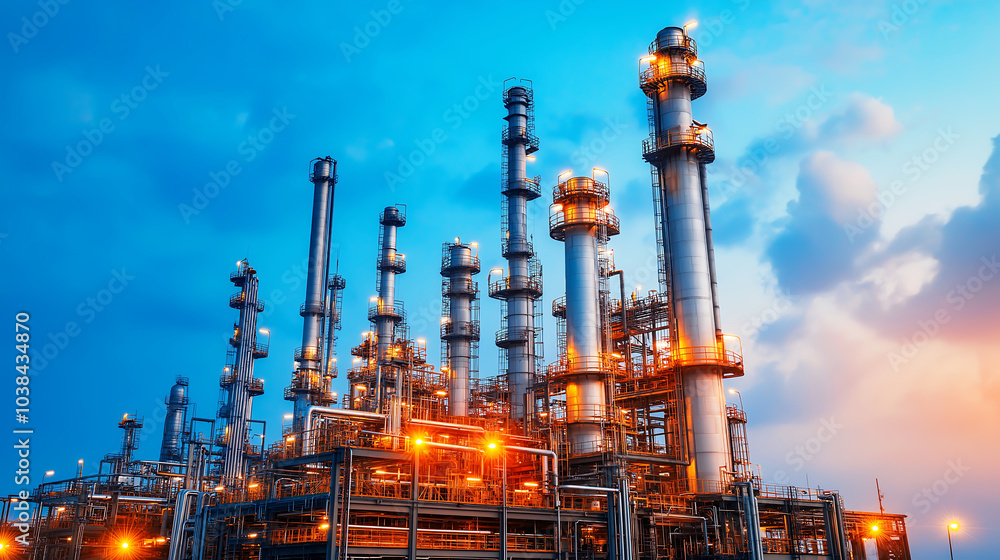 Illuminated night view of a modern oil refinery showcasing complex structures and efficient operations under a dramatic sky Illuminated night view of a modern oil refinery showcasing complex structures and efficient operations under a dramatic sky