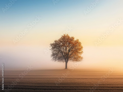 Lone Tree in Soft Fog Over Open Field at Dawn