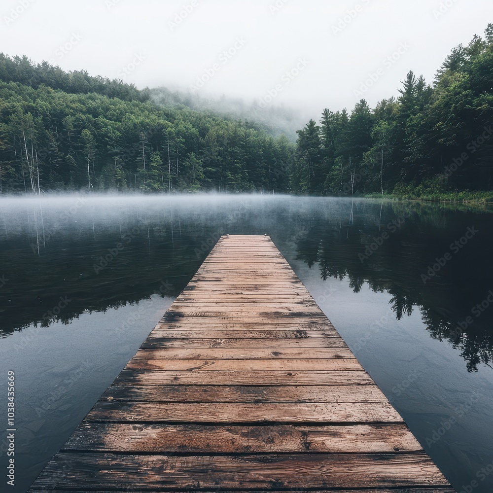 Obraz premium Tranquil Lake with Wooden Pier in Serenity
