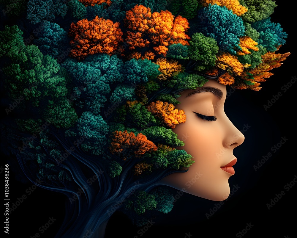 Woman's face blending into 3D tree canopy. Woman's face blending into 3D tree canopy.