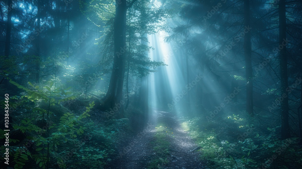 A foggy forest path with shafts of light piercing through the mist, creating a dramatic effect A foggy forest path with shafts of light piercing through the mist, creating a dramatic effect