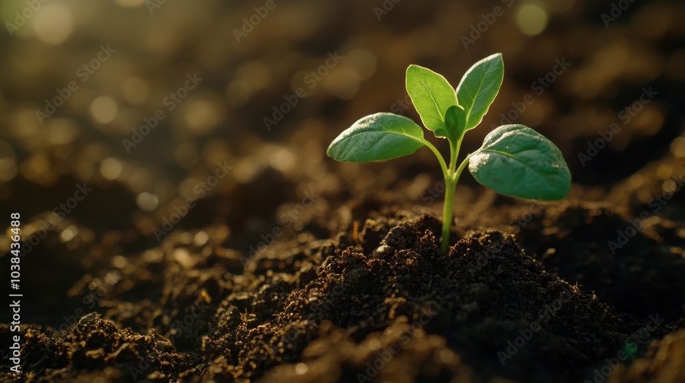Close-up of a single green seedling emerging from rich, dark soil, with soft sunlight illuminating the tender leaves. Close-up of a single green seedling emerging from rich, dark soil, with soft sunlight illuminating the tender leaves.