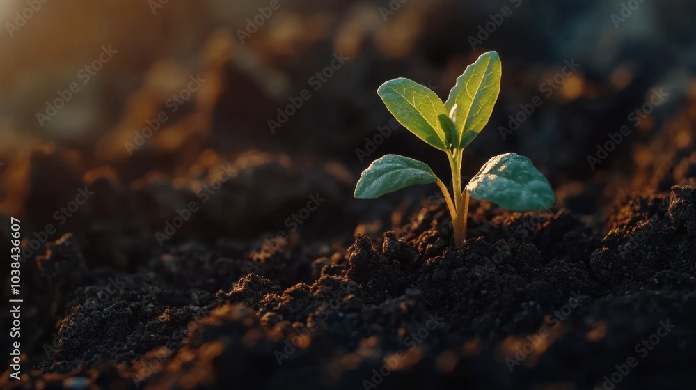 Close-up of a single green seedling emerging from rich, dark soil, with soft sunlight illuminating the tender leaves.