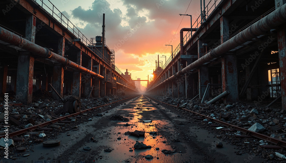 Fototapeta premium Abandoned industrial zone at twilight with broken structures and scattered debris for intense action stunt