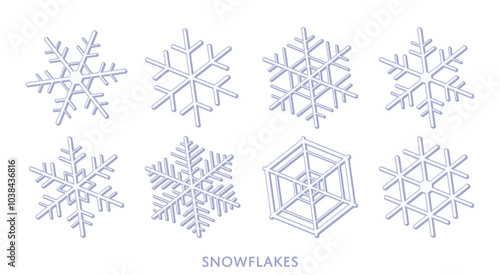 Collection of 3D snowflakes on transparent background.  Vector Illustration.