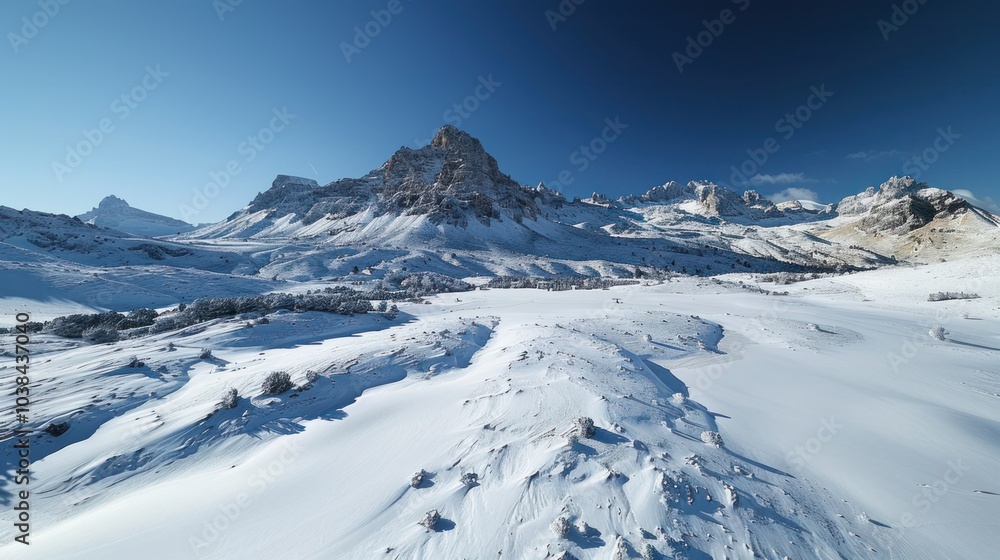 A drone perspective of a snowy mountain range with clear blue skies, A drone perspective of a snowy mountain range with clear blue skies,