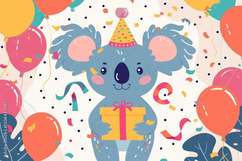 Naklejka premium Koala party celebration with balloons and gift