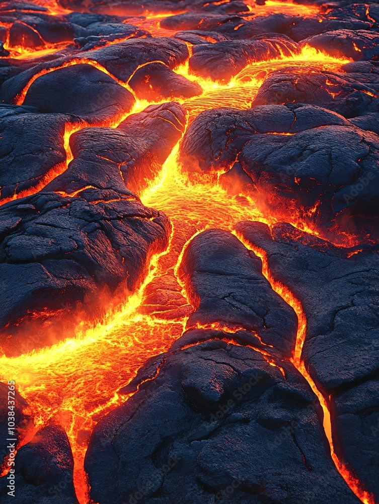 Fototapeta premium Lava flow creating stunning patterns on dark volcanic rock, showcasing nature's raw power and beauty in a close-up view.