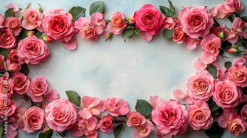 Closeup of vibrant pink roses full bloom their petals artistically arranged around the edge of a white table The flat lay design creates a floral frame with empty space at the center photo