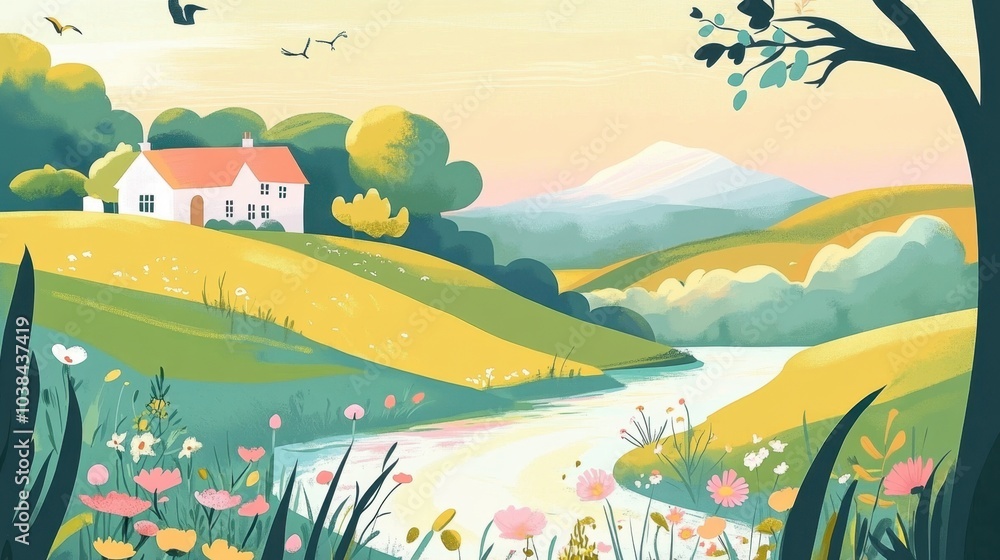 Fototapeta premium Beautiful natural scenery in autumn in illustration style