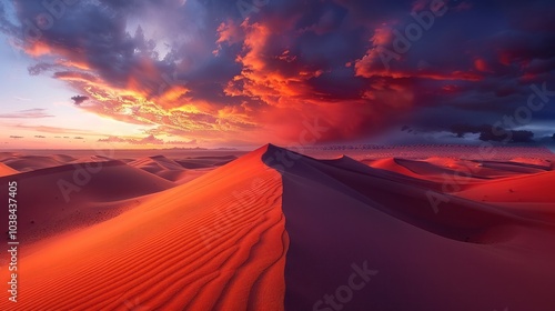A dramatic desert landscape at sunset, with sharp contrasts between the sand dunes and the darkening sky