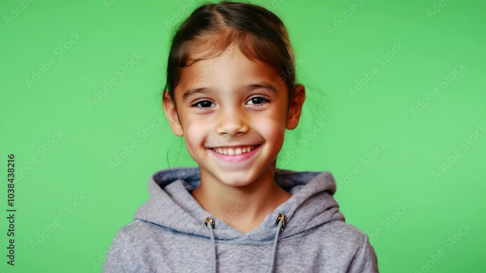 Smiling mixed-race girl in a hoodie standing in front of a green screen, looking at the camera with a warm expression under practical lighting Smiling mixed-race girl in a hoodie standing in front of a green screen, looking at the camera with a warm expression under practical lighting