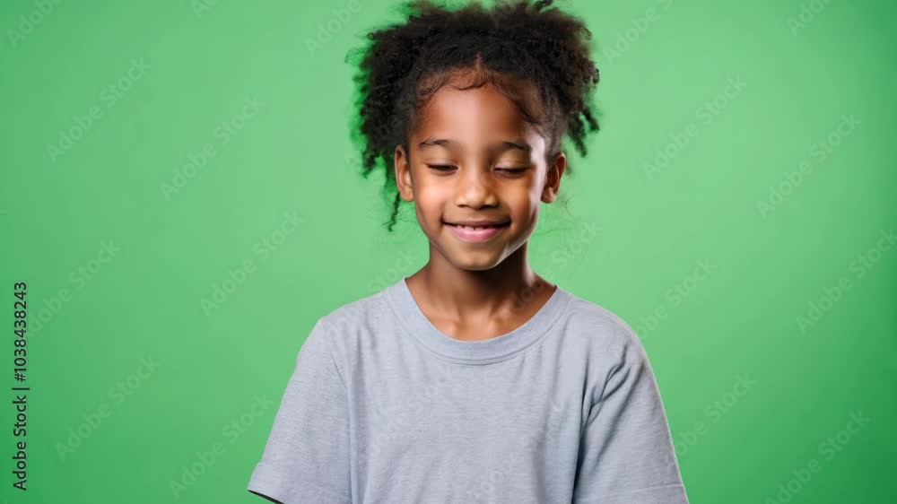 Smiling African girl standing calmly in front of a green screen, looking directly at the camera, softly lit by studio lighting
Smiling African girl standing calmly in front of a green screen, looking directly at the camera, softly lit by studio lighting