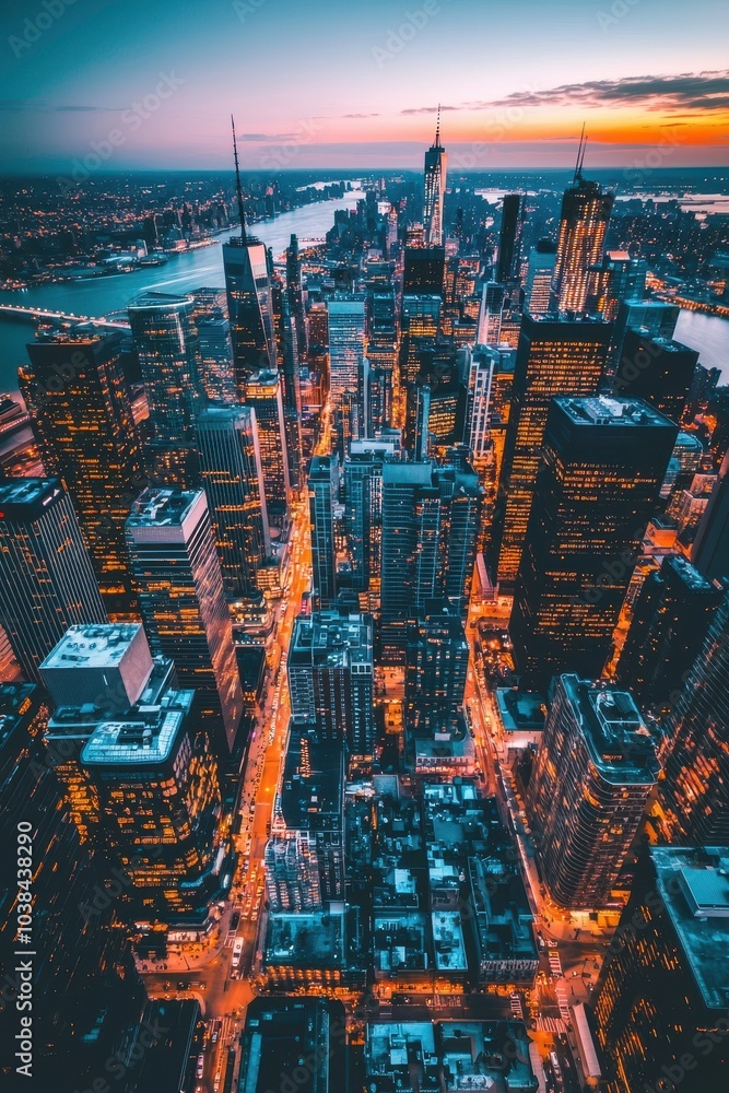 Fototapeta premium Aerial View of a Smart City at Dusk with Drones