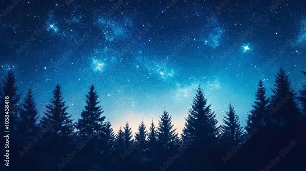 The blue sky of twilight giving way to a star-filled galaxy, with silhouetted trees in the foreground. The blue sky of twilight giving way to a star-filled galaxy, with silhouetted trees in the foreground.