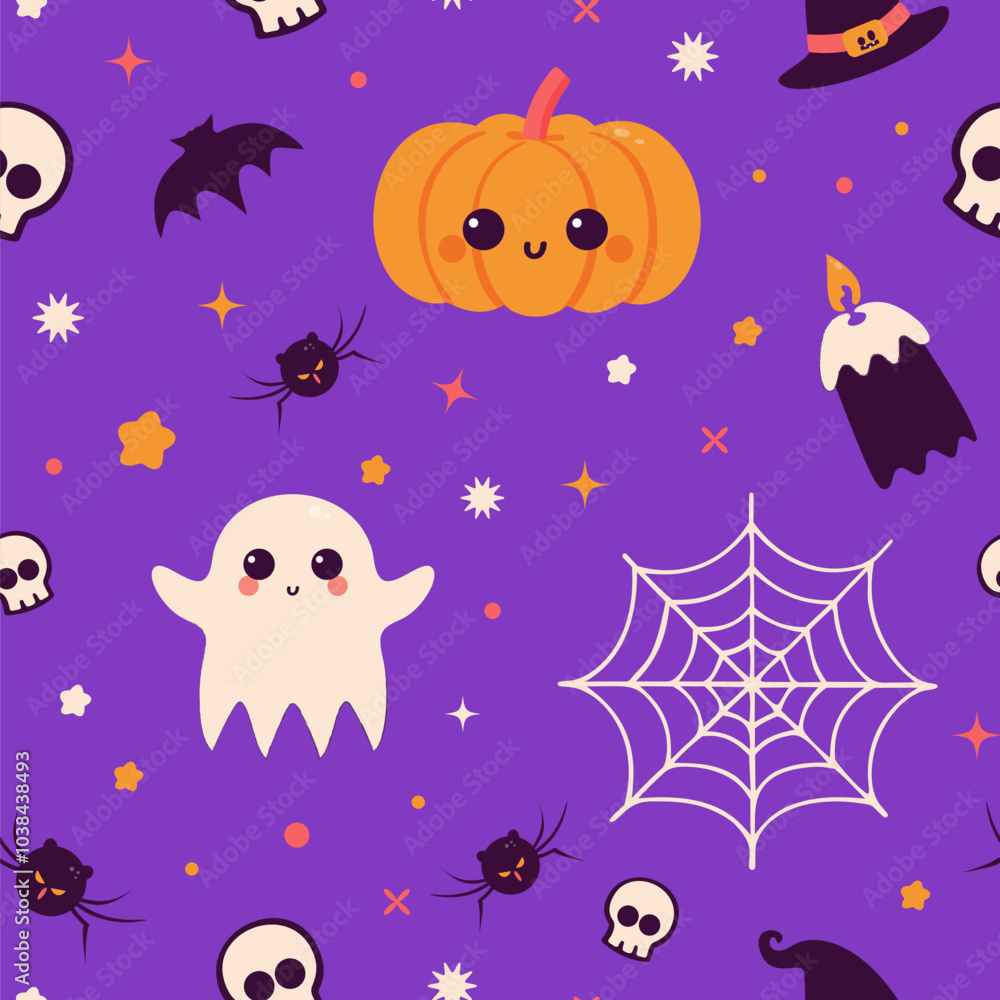 Fototapeta premium Cute Halloween seamless pattern with ghosts, pumpkins, spiders and skulls on purple background. Kawaii vector characters. Holiday wrapping design for print.