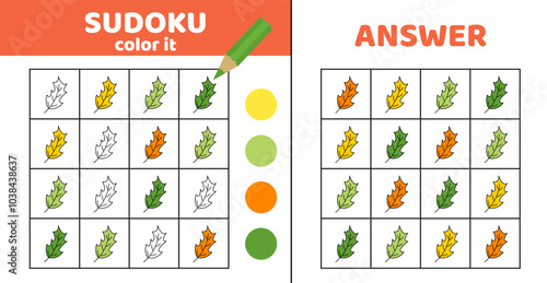 Sudoku with autumn leaves. Coloring sudoku with autumn leaves. Cartoon.