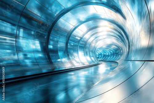 Futuristic tunnel with blue lighting and reflective surfaces in an abstract design photo