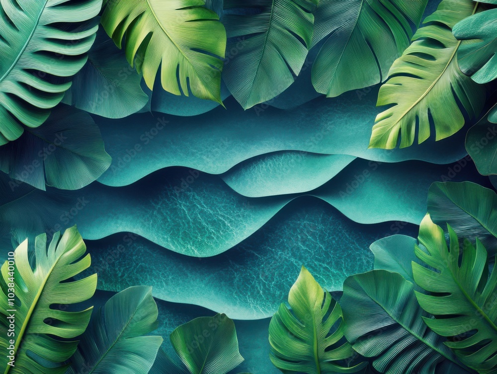 Fototapeta premium Tropical leaves on a blue background with waves