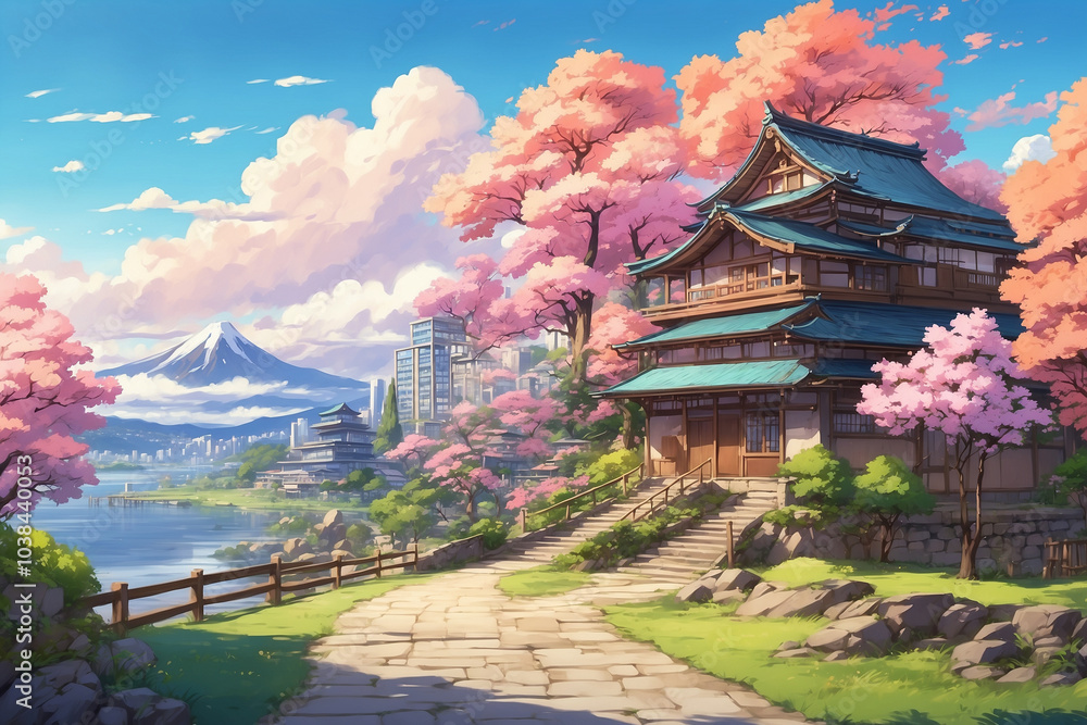 Houses in traditional Japanese style on the side of the path. In anime style Houses in traditional Japanese style on the side of the path. In anime style
