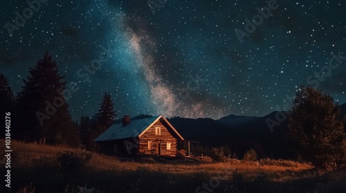 The night sky with bright stars and galaxy bands above an isolated cabin, casting a magical light on the surroundings.