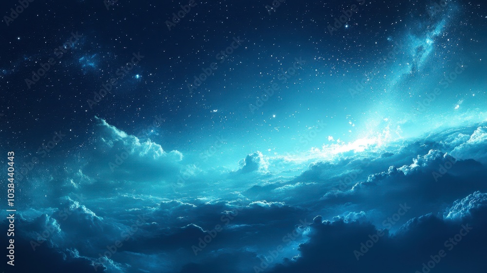 Fototapeta premium The sky transitioning from day to night, with a deep blue hue and the faint glow of stars and the galaxy.