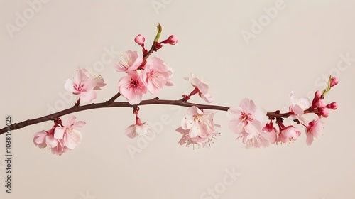 Fototapeta Naklejka Na Ścianę i Meble -  Single branch of Pink cherry blossom flowers isolated, copy space or text space