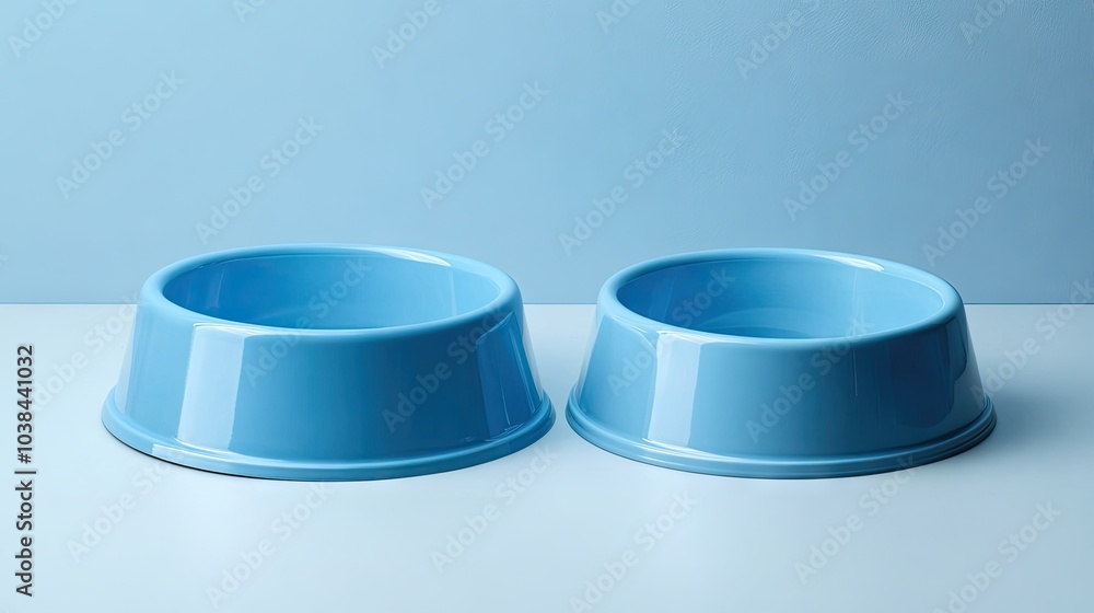 A full blue dog bowl next to an empty one, symbolizing pet care and feeding routines, on a simple, clean background. A full blue dog bowl next to an empty one, symbolizing pet care and feeding routines, on a simple, clean background.