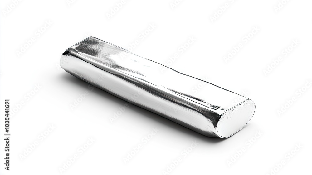 A gleaming silver ingot lying isolated on a white background, highlighting its smooth, shiny surface. A gleaming silver ingot lying isolated on a white background, highlighting its smooth, shiny surface.